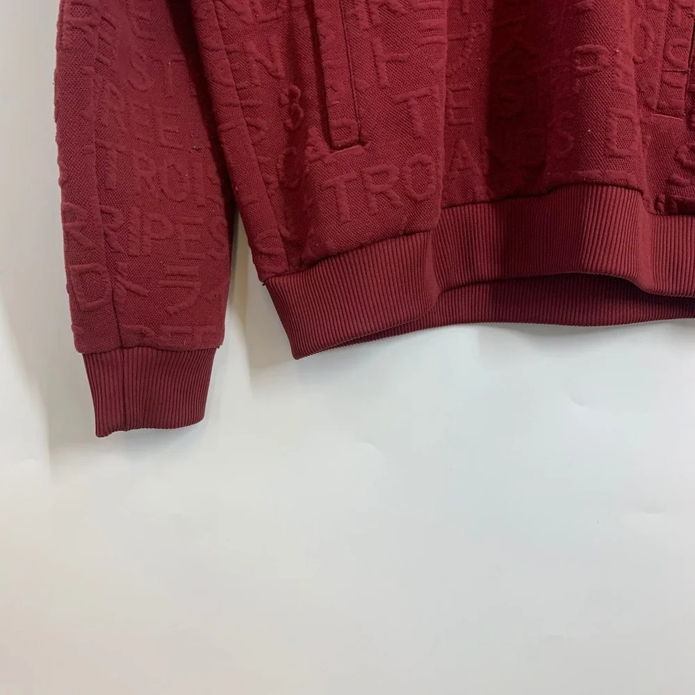 Adidas Men Burgundy All Over Text Logo Embossed‎ Hoodie Pullover Size L